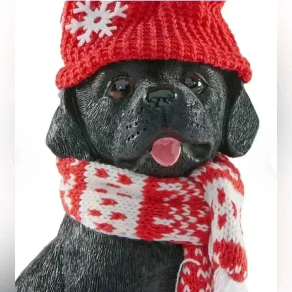 ❤️ Holiday Black Dog w Knit Winter Red Hat w Knit Scarf Figurine Christmas Cute - Picture 2 of 3